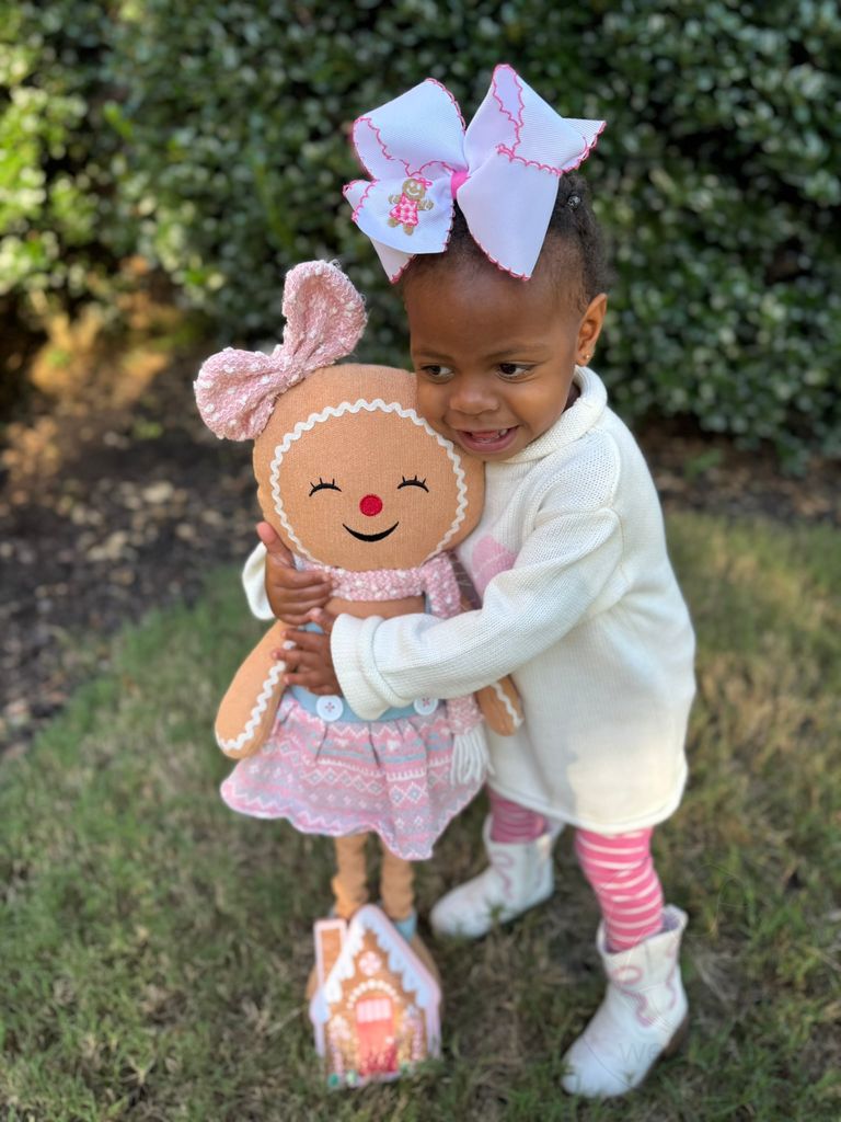 King Grosgrain Hair Bow with Moonstitch Edge and Pink Gingerbread Embroidery	