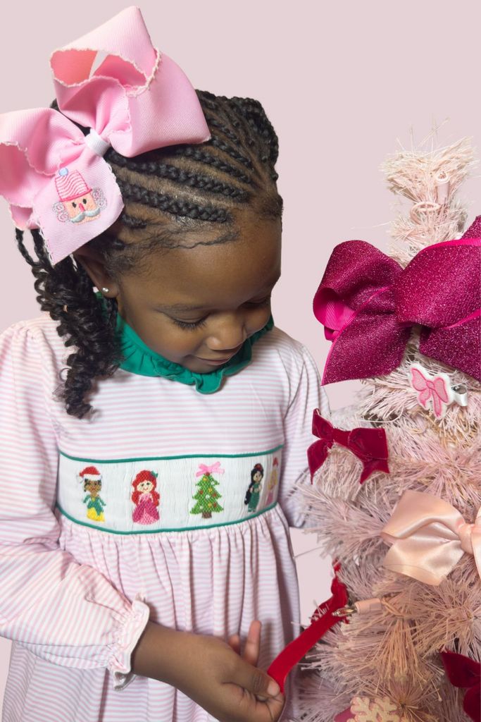 King Grosgrain Hair Bow with Moonstitch Edge and Pink Nutcracker Embroidery	