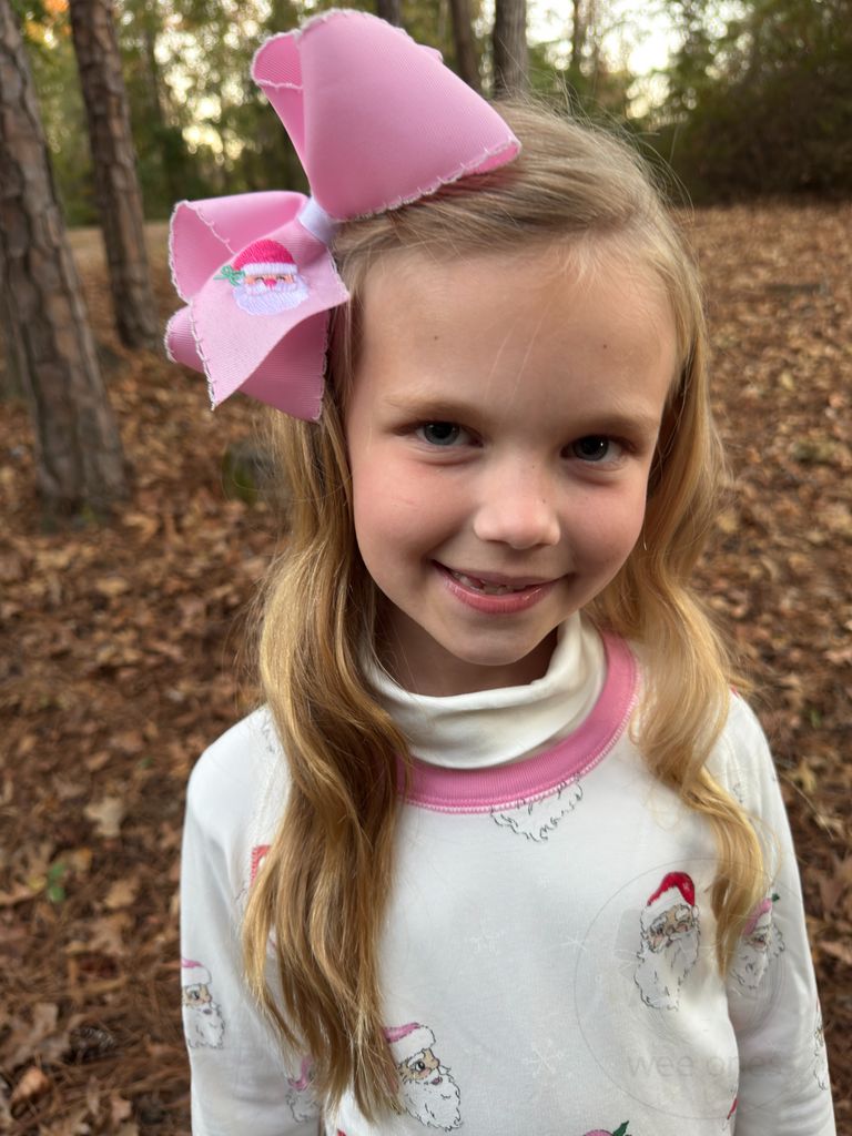 King Grosgrain Hair Bow with Moonstitch Edge and Pink Santa Embroidery	