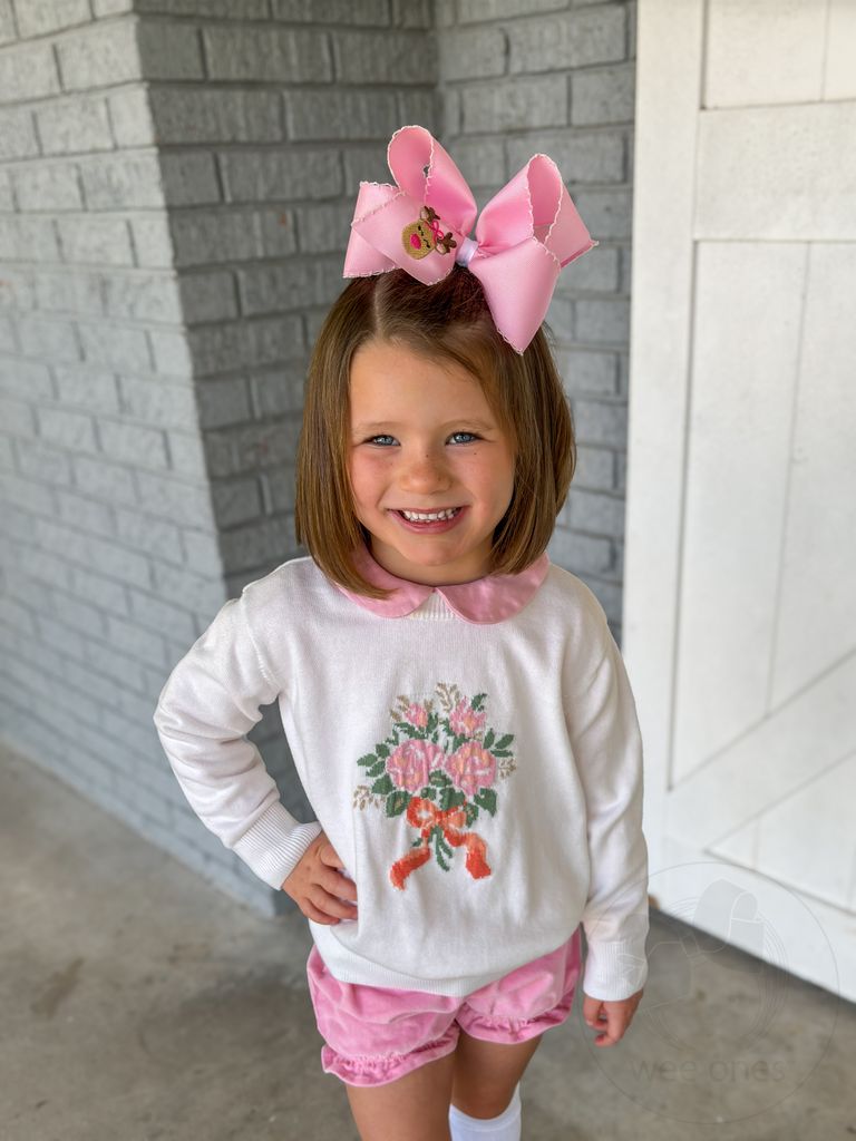 King Grosgrain Hair Bow with Moonstitch Edge and Pink Reindeer Embroidery	