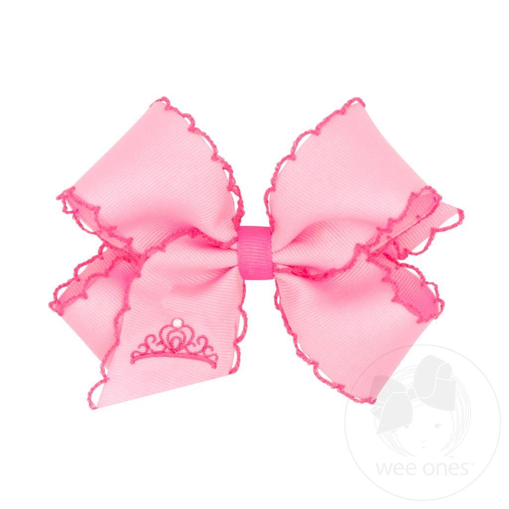 Medium Princess Crown Embroidered Hair Bow with Moonstitch Edge - CROWN