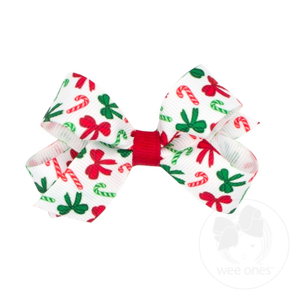 Mini Christmas Print Grosgrain Hair Bow - CANDY CANE