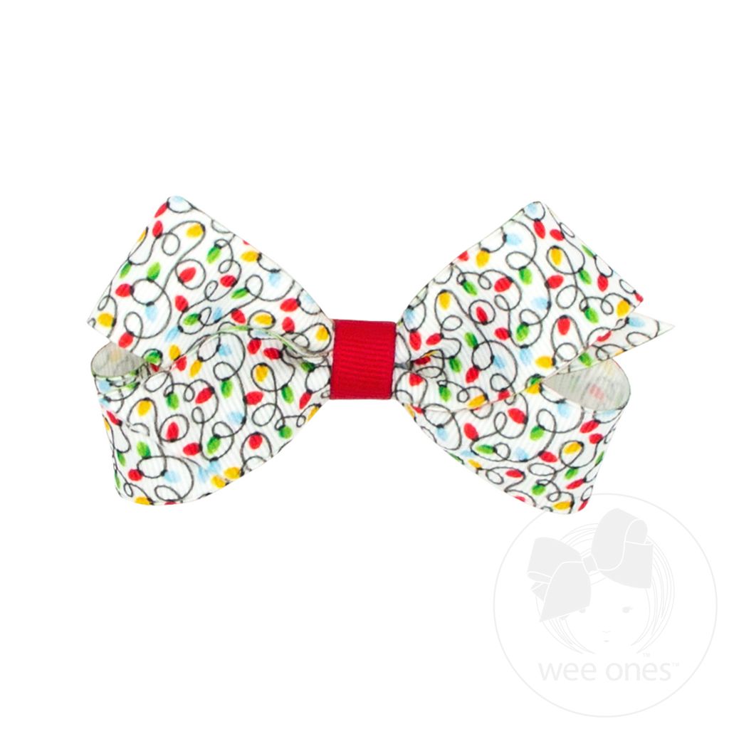 Mini Christmas Print Grosgrain Hair Bow - LIGHTS