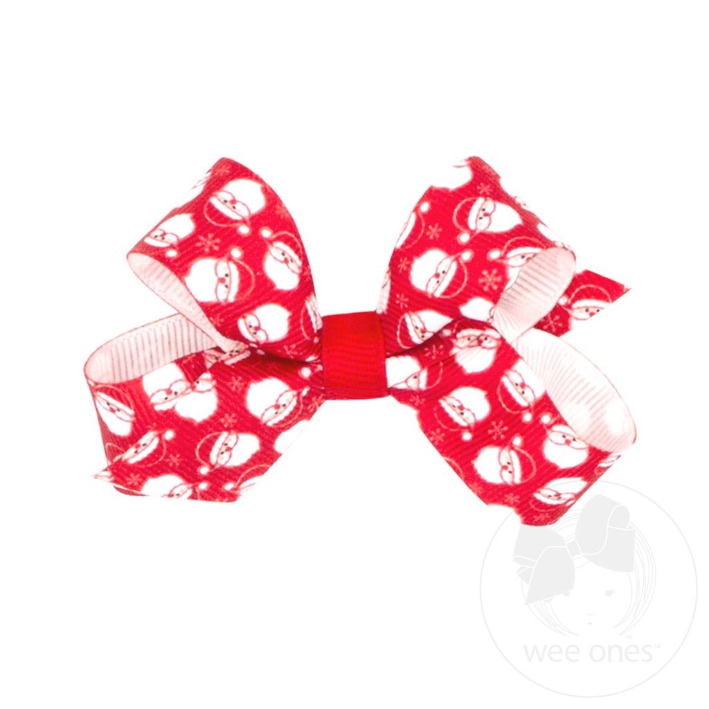 Mini Christmas Print Grosgrain Hair Bow - RED SANTA