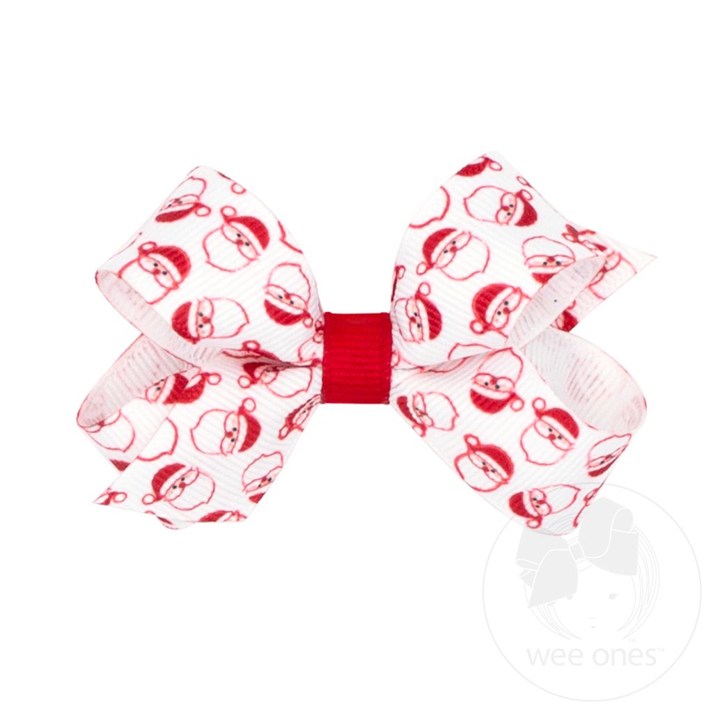 Mini Christmas Print Grosgrain Hair Bow - WHITE SANTA