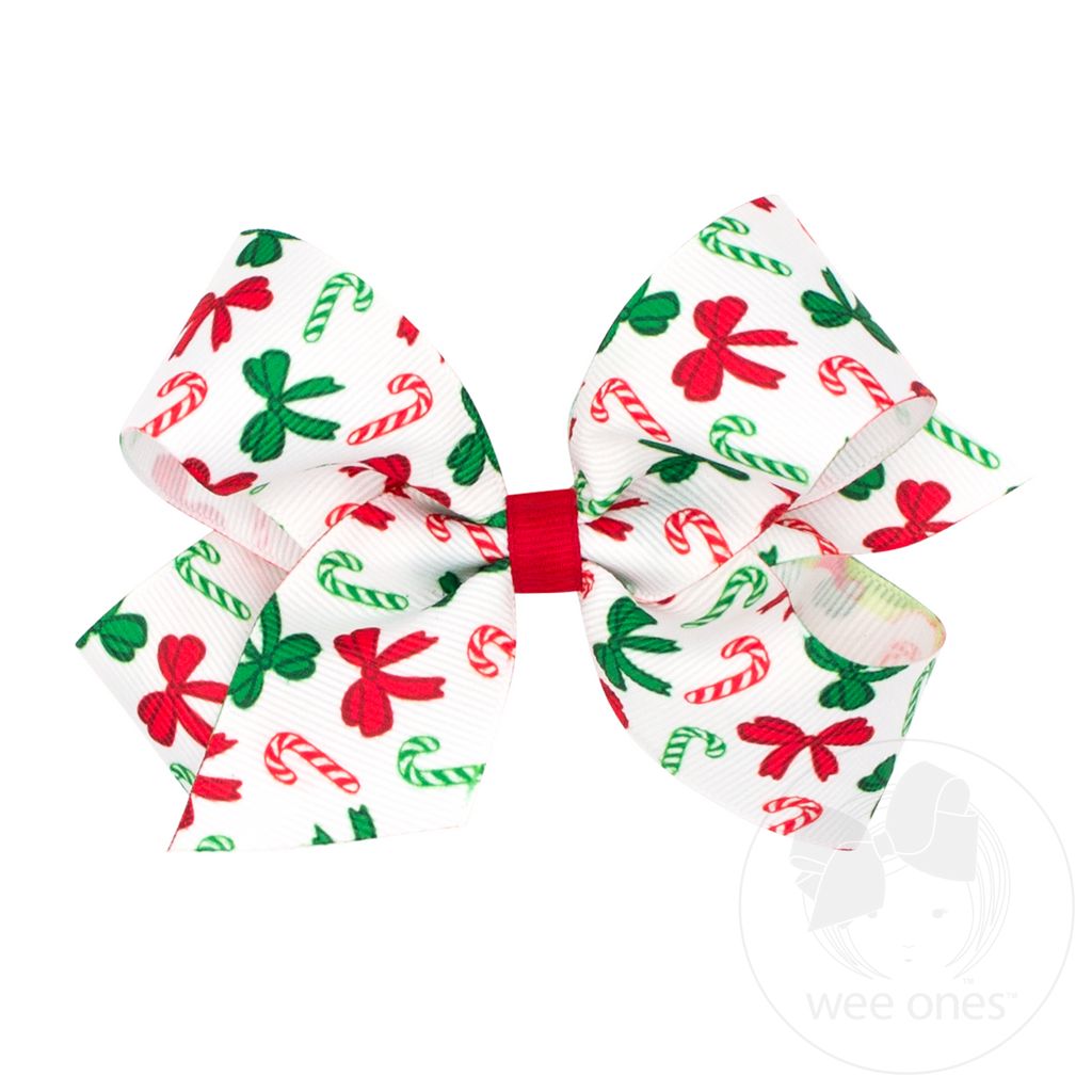 Medium Christmas Print Grosgrain Hair Bow - CANDY CANE