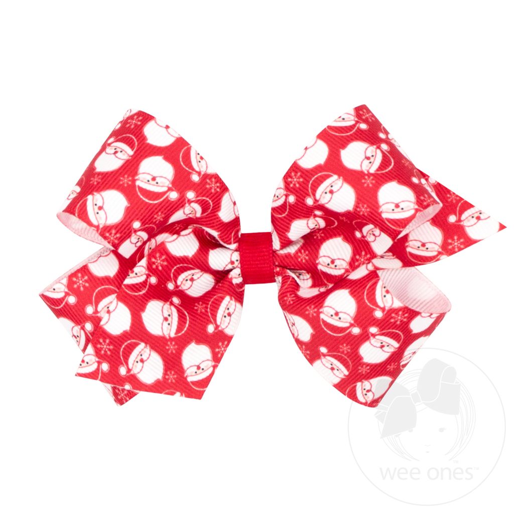 Medium Christmas Print Grosgrain Hair Bow - RED SANTA