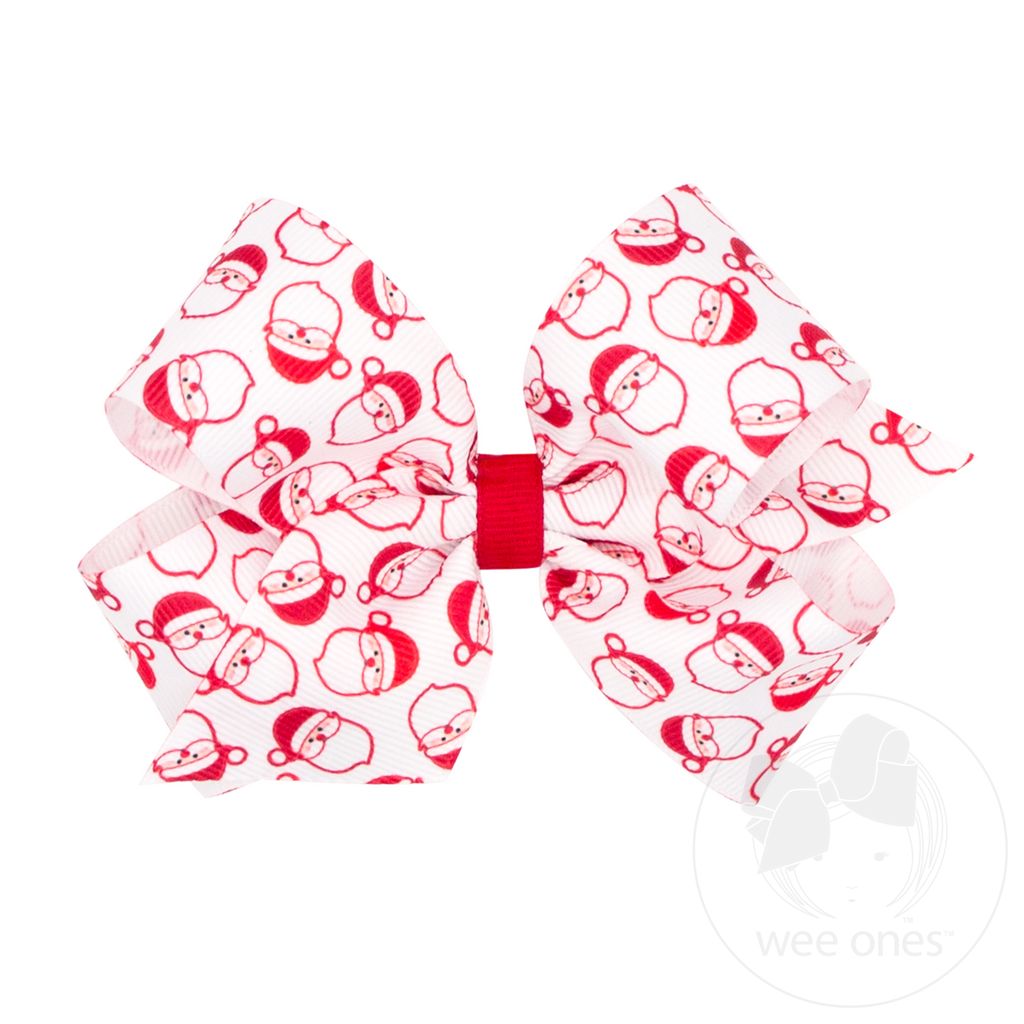 Medium Christmas Print Grosgrain Hair Bow - WHITE SANTA