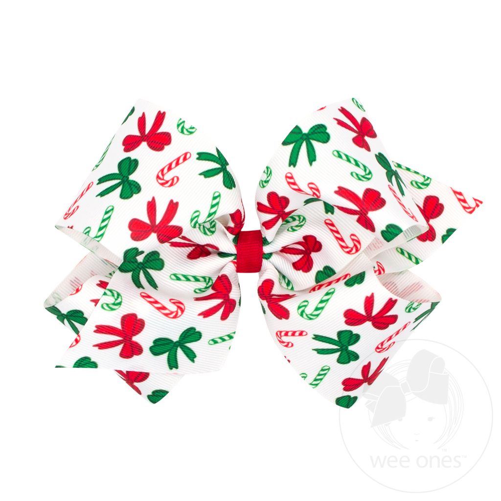 King Christmas Print Grosgrain Hair Bow - CANDY CANE