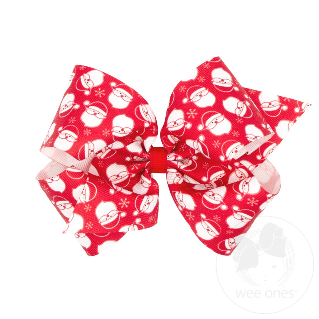 King Christmas Print Grosgrain Hair Bow - RED SANTA