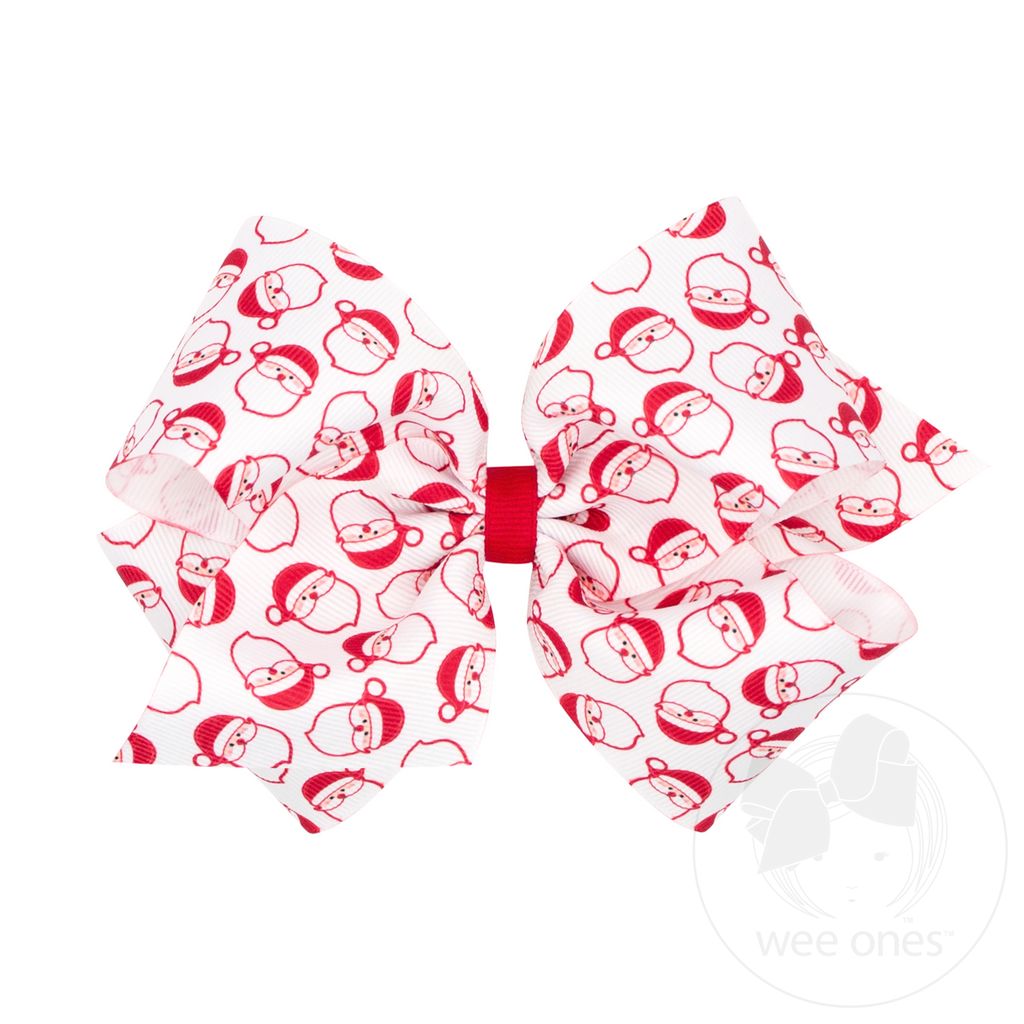 King Christmas Print Grosgrain Hair Bow - WHITE SANTA