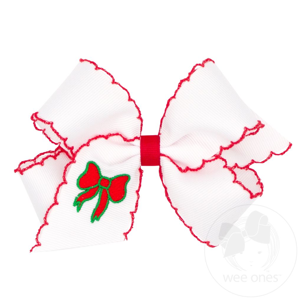 Medium Grosgrain Hair Bow with Moonstitch Edge and Christmas Embroidery - BOW