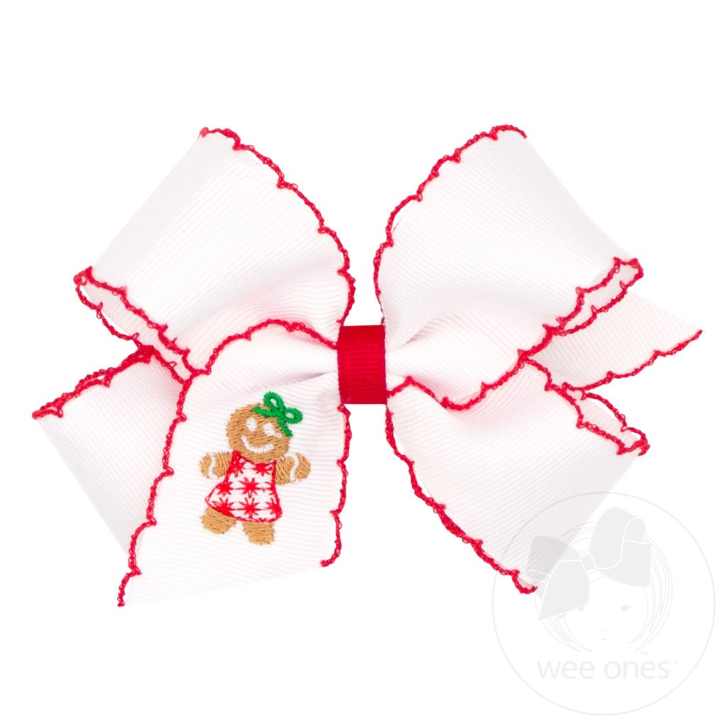 Medium Grosgrain Hair Bow with Moonstitch Edge and Christmas Embroidery - GINGERBREAD