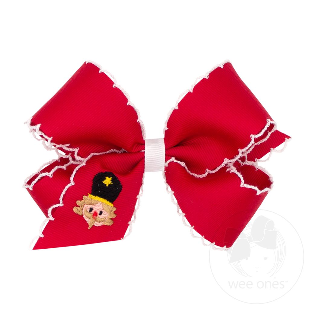 Medium Grosgrain Hair Bow with Moonstitch Edge and Christmas Embroidery - RED NUTCRACKER