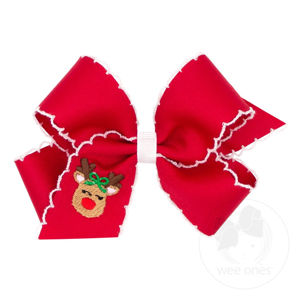 Medium Grosgrain Hair Bow with Moonstitch Edge and Christmas Embroidery - REINDEER