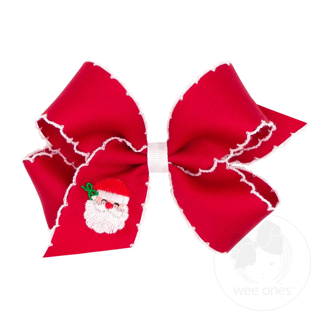 Medium Grosgrain Hair Bow with Moonstitch Edge and Christmas Embroidery - RED SANTA