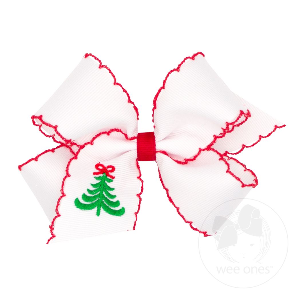 Medium Grosgrain Hair Bow with Moonstitch Edge and Christmas Embroidery - TREE