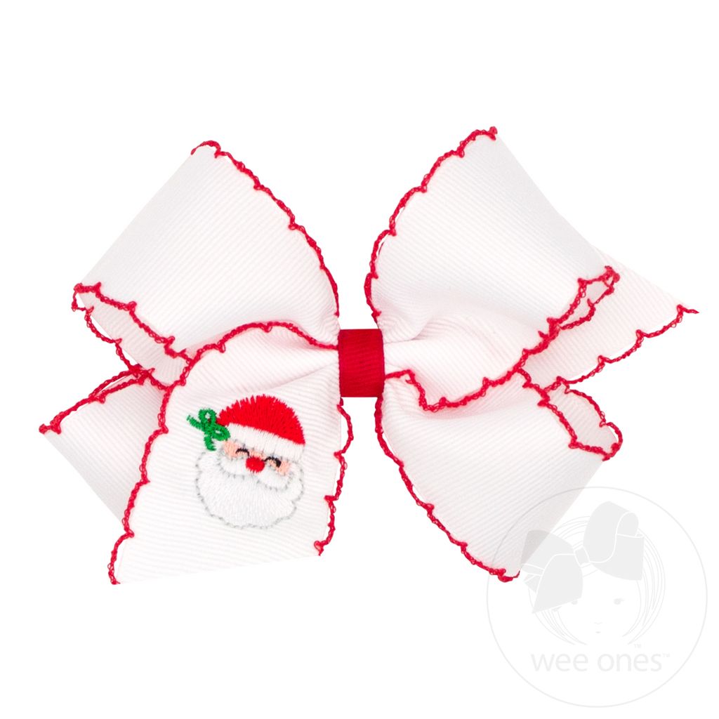 Medium Grosgrain Hair Bow with Moonstitch Edge and Christmas Embroidery - WHITE SANTA