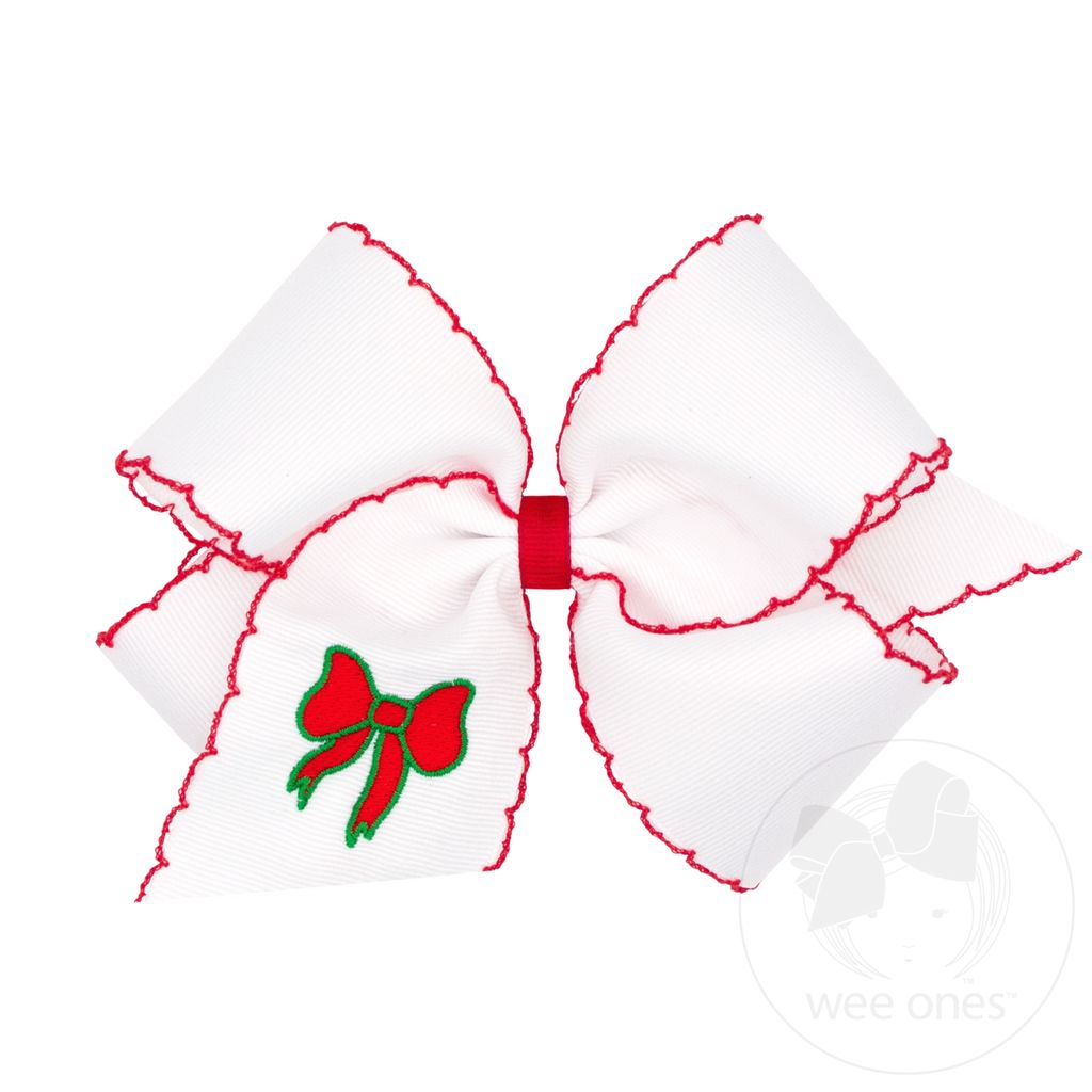 King Grosgrain Hair Bow with Moonstitch Edge and Christmas Bow Embroidery - BOW