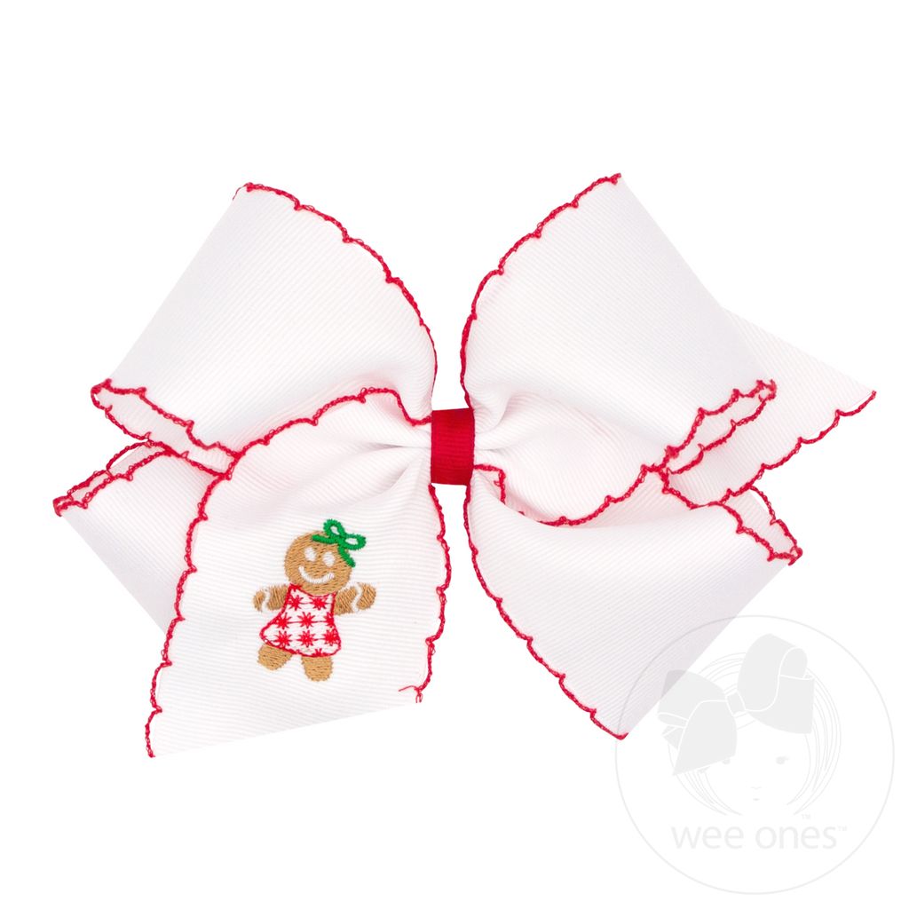 King Grosgrain Hair Bow with Moonstitch Edge and Gingerbread Embroidery - GINGERBREAD