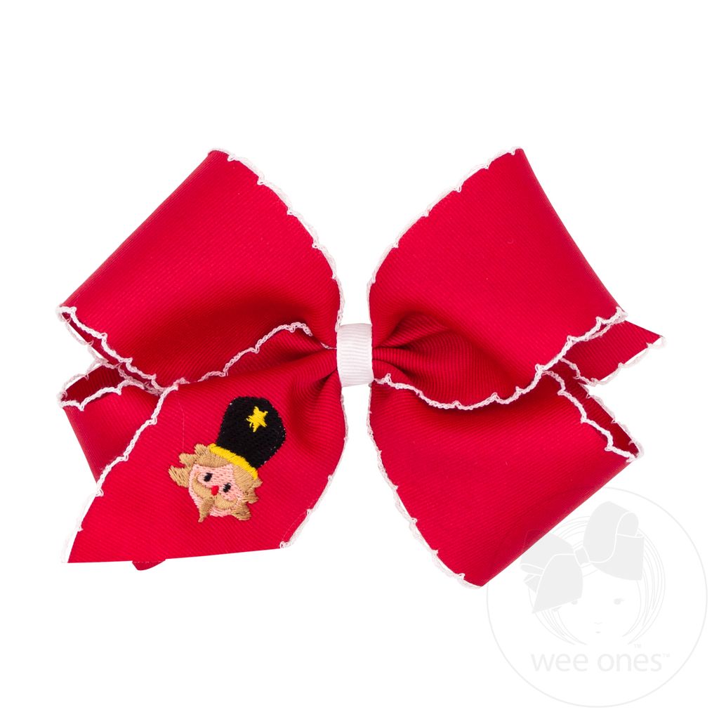 King Grosgrain Hair Bow with Moonstitch Edge and Nutcracker Embroidery - RED NUTCRACKER
