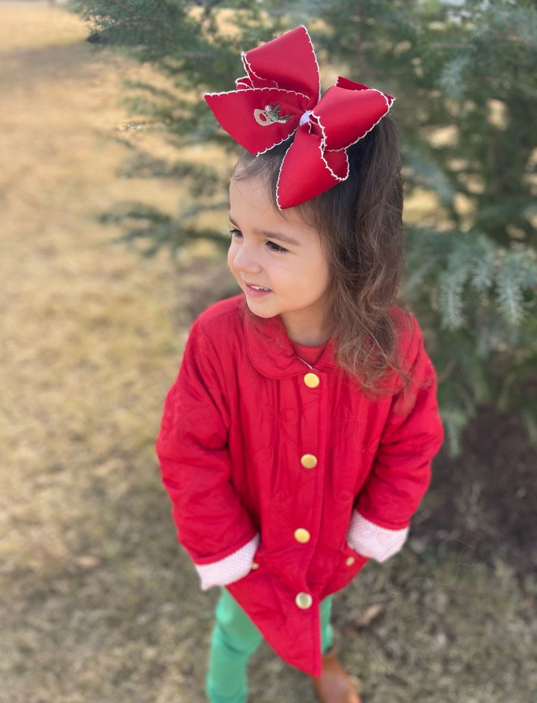 King Grosgrain Hair Bow with Moonstitch Edge and Reindeer Embroidery	