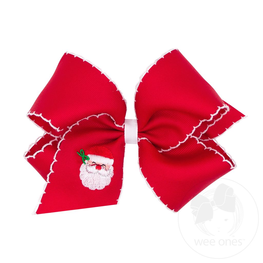 King Red Grosgrain Hair Bow with Moonstitch Edge and Santa Embroidery - RED SANTA
