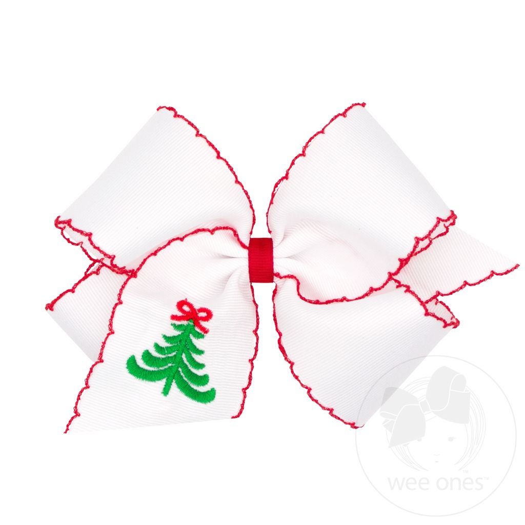 King Grosgrain Hair Bow with Moonstitch Edge and Christmas Tree Embroidery - TREE
