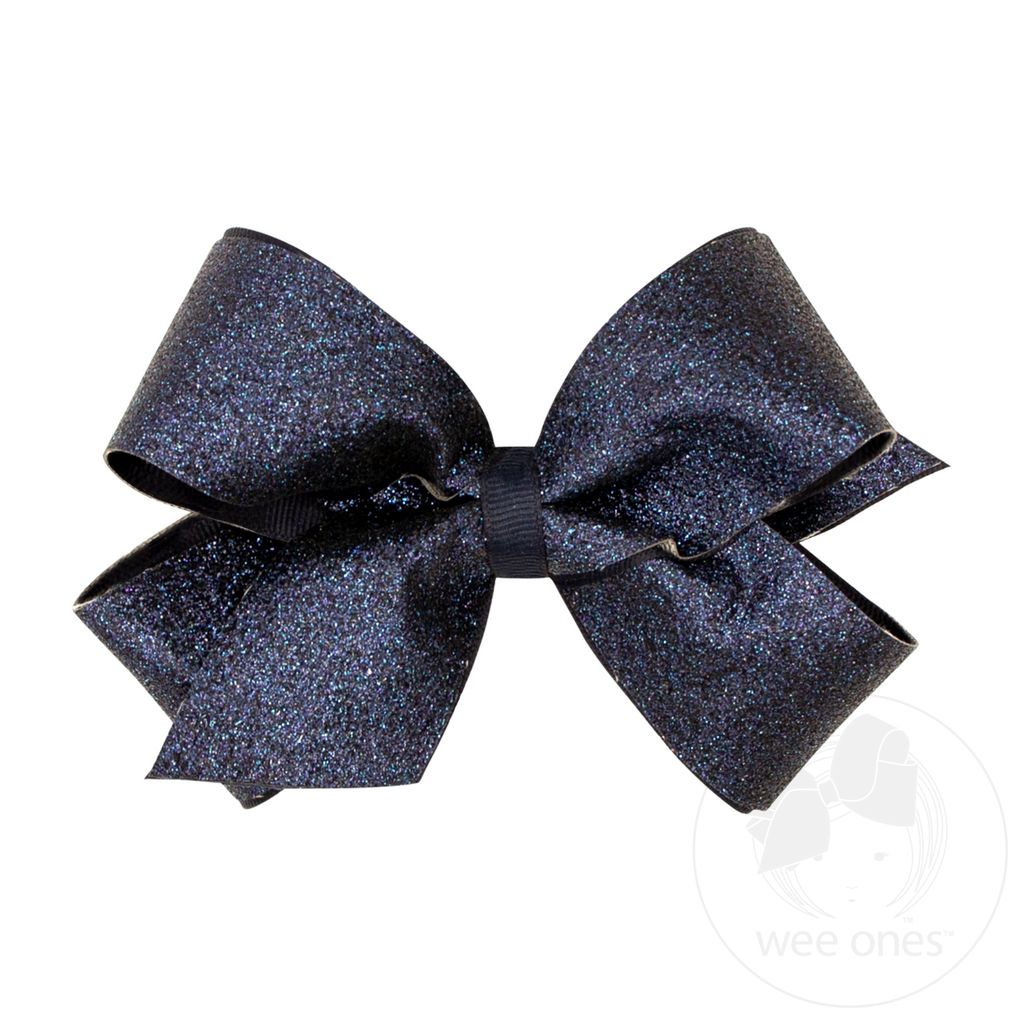 Medium Glitter Vinyl with Grosgrain Underlay Hair Bow - NAVY