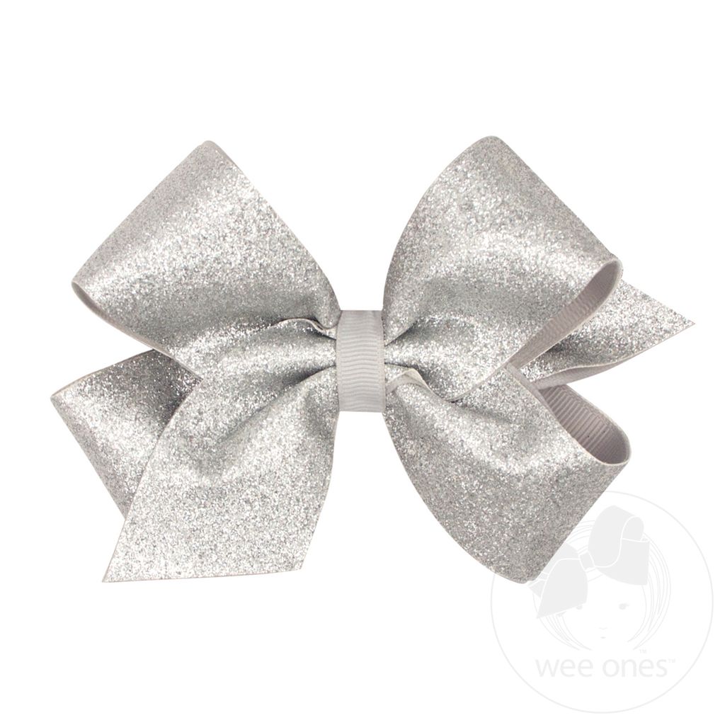 Medium Glitter Vinyl with Grosgrain Underlay Hair Bow - SILVER