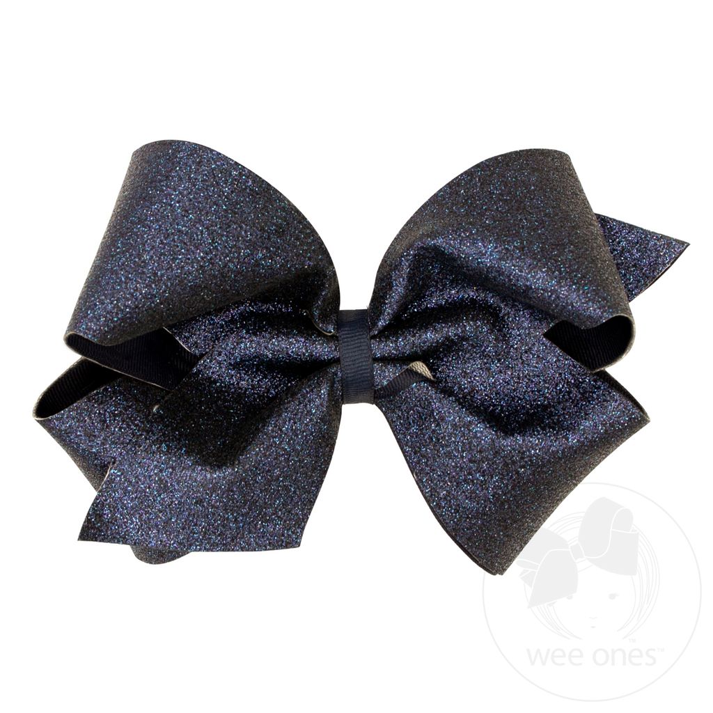King Glitter Vinyl with Grosgrain Underlay Hair Bow - NAVY