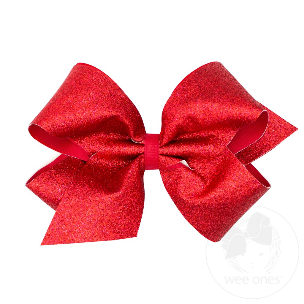 King Glitter Vinyl with Grosgrain Underlay Hair Bow - RED