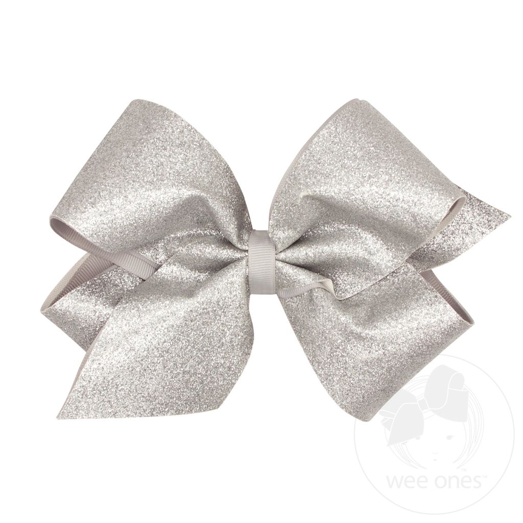 King Glitter Vinyl with Grosgrain Underlay Hair Bow - SILVER
