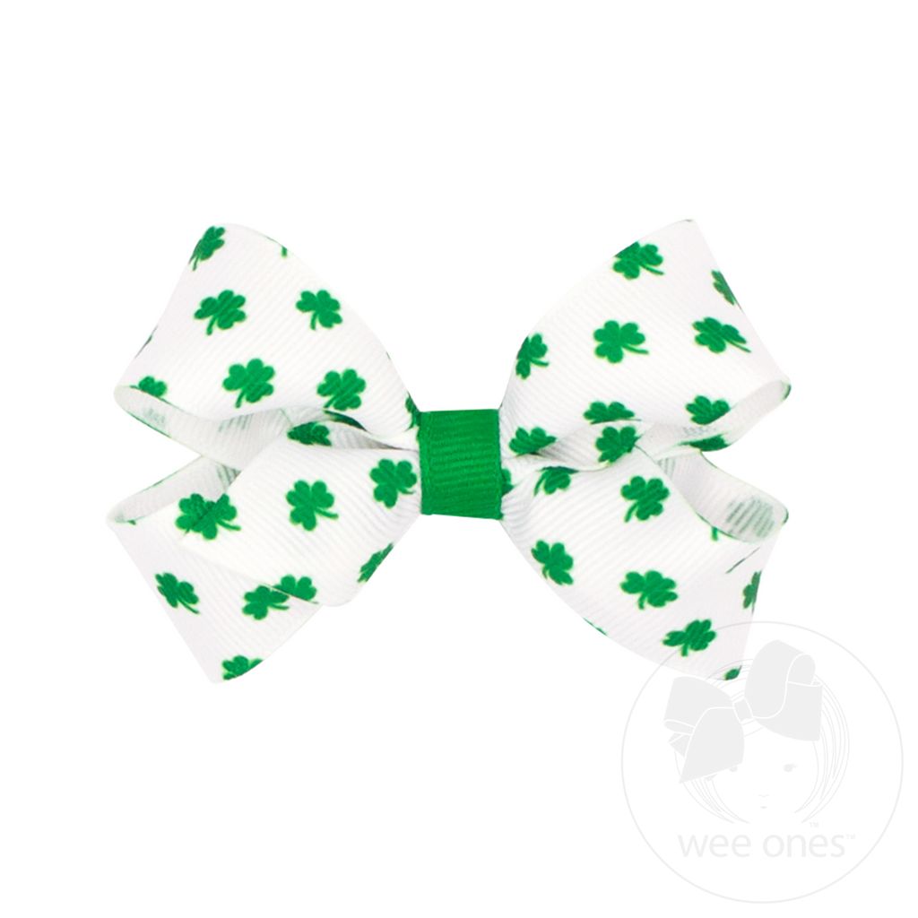 Mini Shamrock Print Grosgrain Hair Bow - WHITE