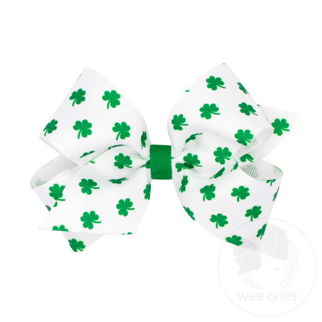 Medium Shamrock Print Grosgrain Hair Bow - WHITE