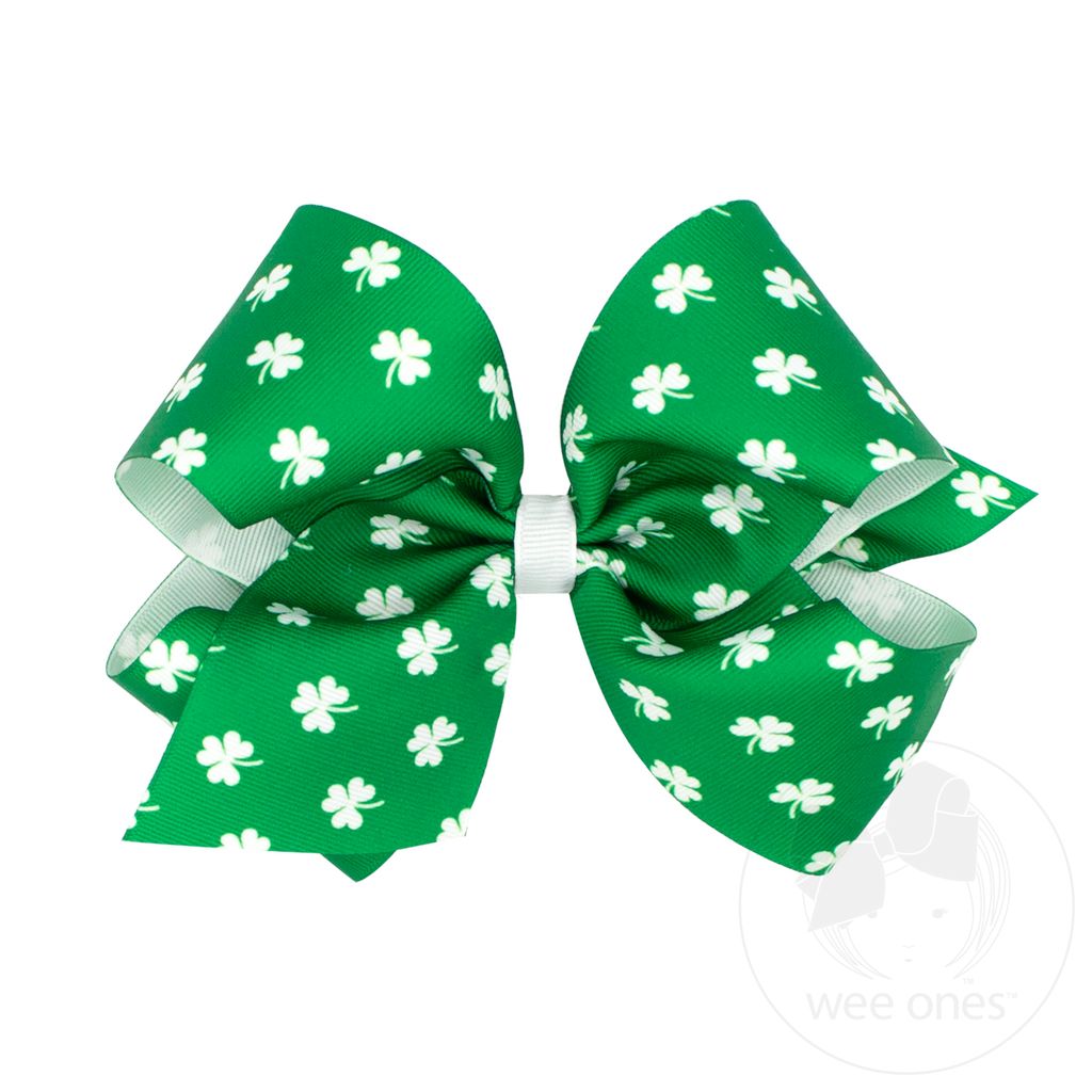 King Shamrock Print Grosgrain Hair Bow - GREEN
