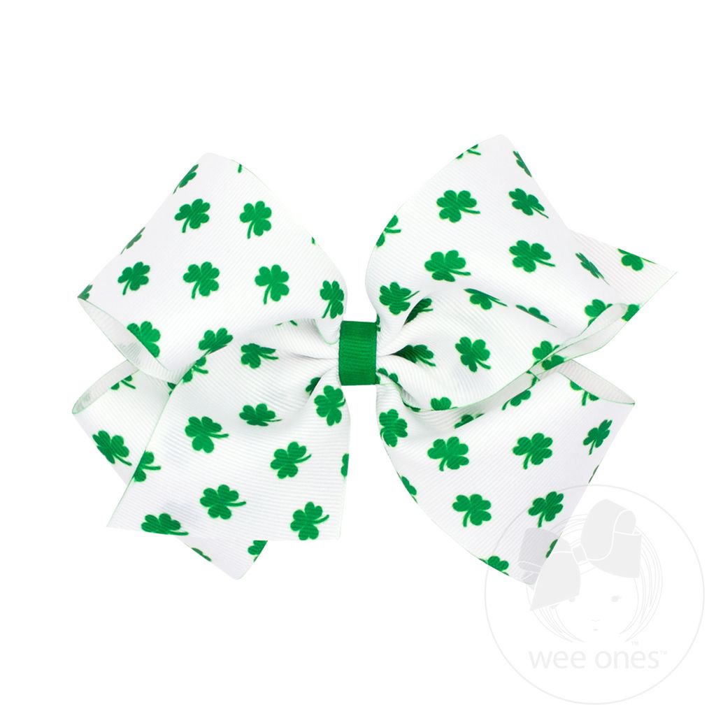 King Shamrock Print Grosgrain Hair Bow - WHITE