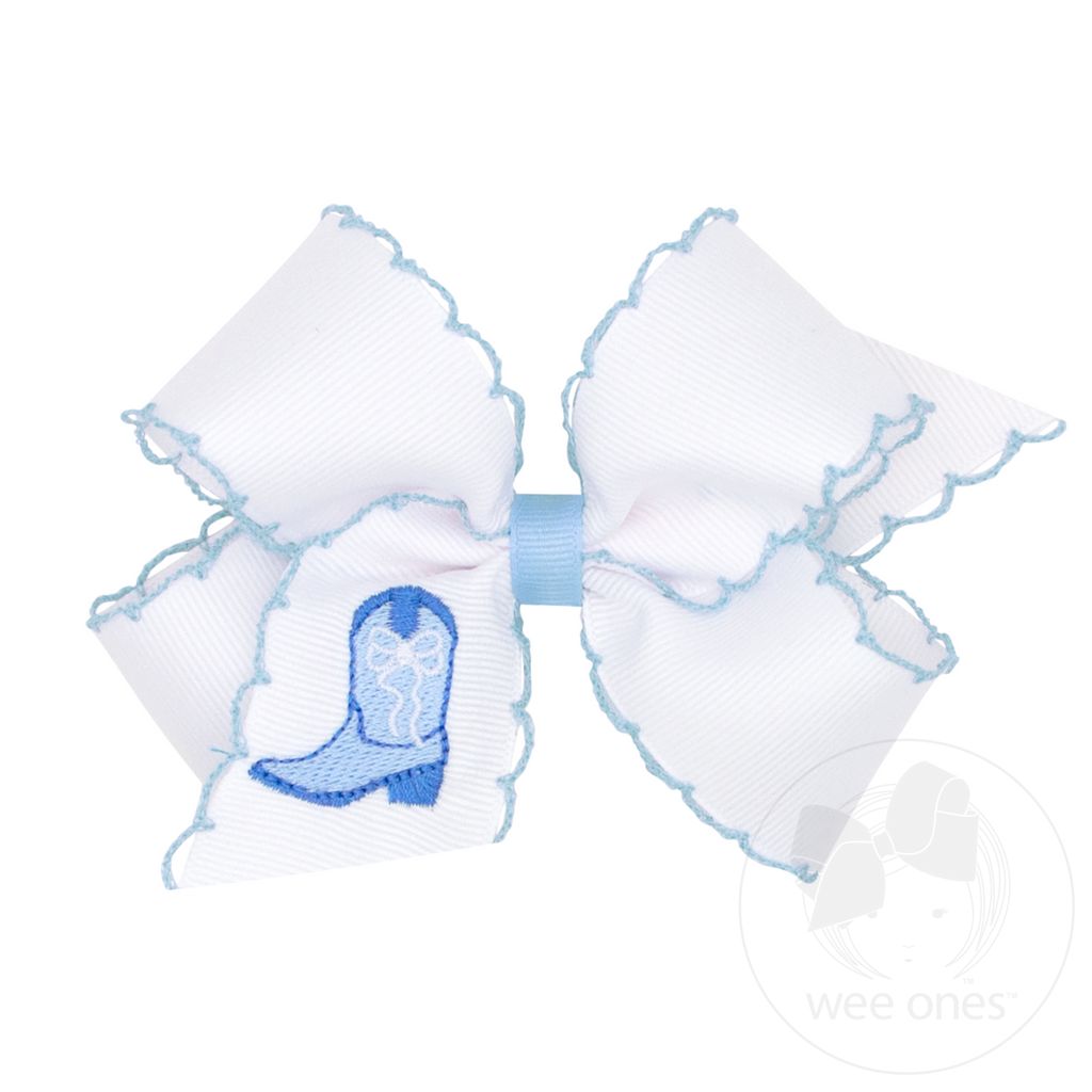 Medium Grosgrain Hair Bow with Moonstitch Edge and Blue Cowgirl Boot Embroidery - BLUE BOOTS