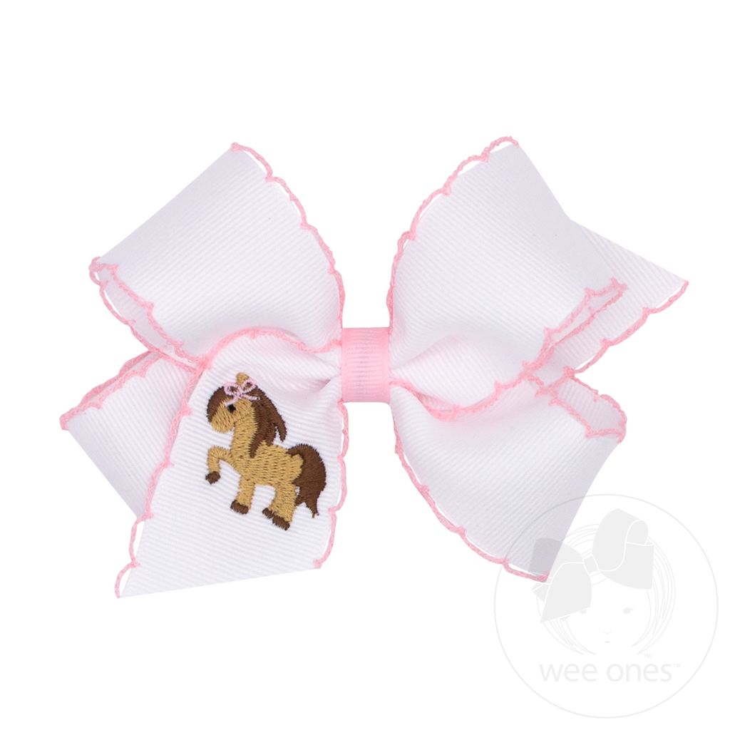 Medium Grosgrain Hair Bow with Moonstitch Edge and Cowgirl Pony Embroidery - HORSE