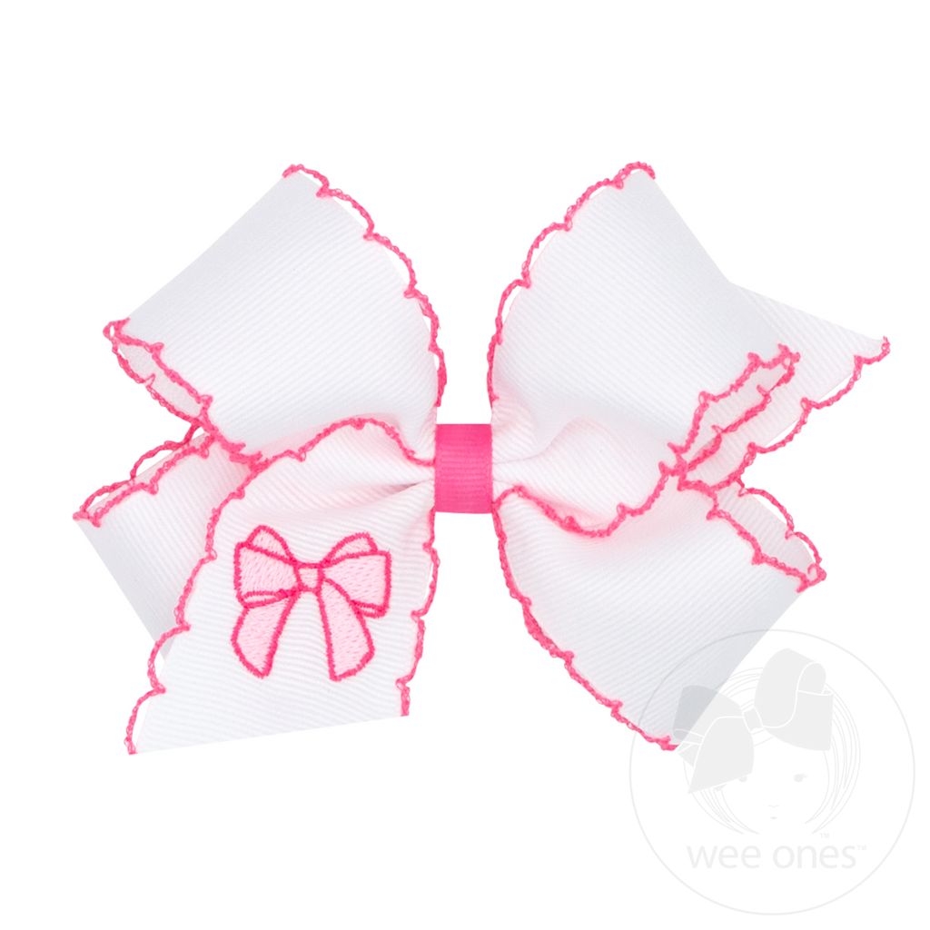 Medium Grosgrain Hair Bow with Moonstitch Edge and Pearl Pink Cowgirl Bow Embroidery - PEARL