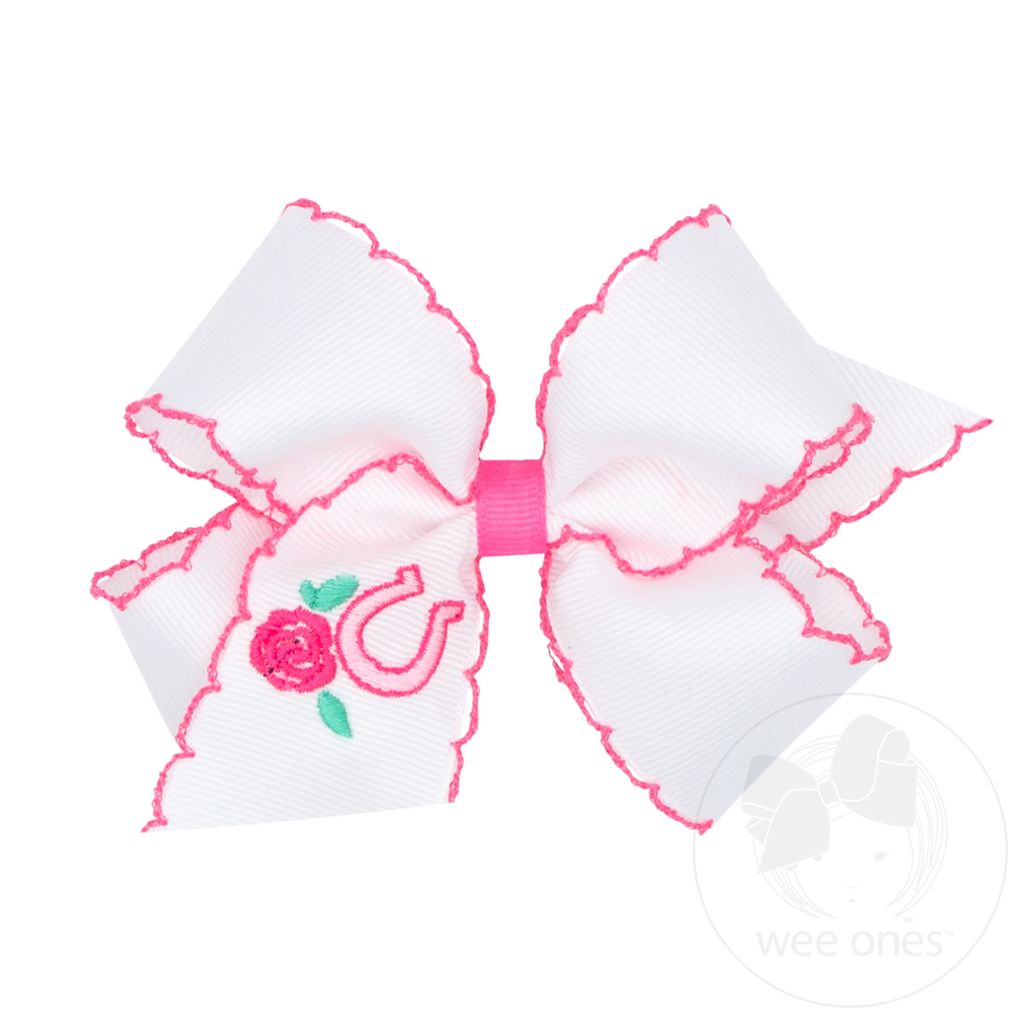 Medium Grosgrain Hair Bow with Moonstitch Edge and Cowgirl Horseshoe Embroidery - ROSE