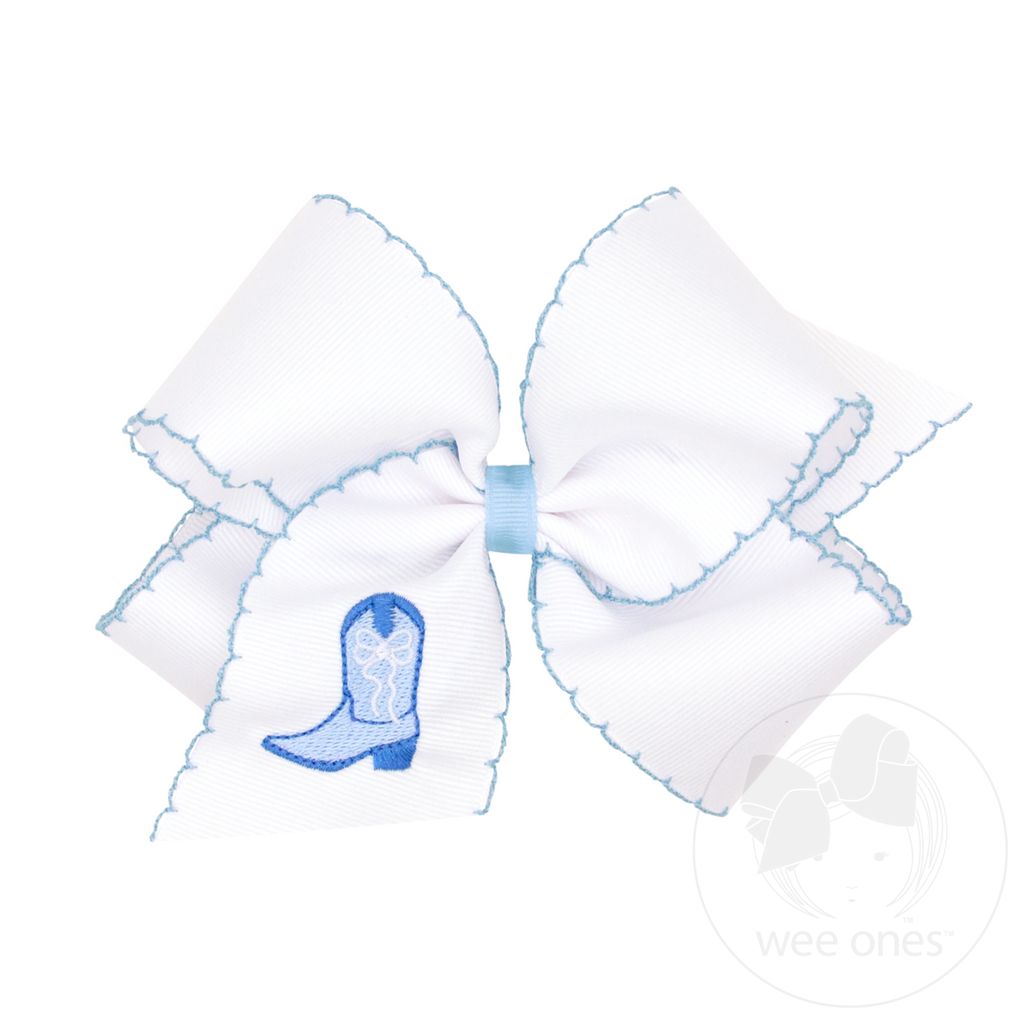 King Grosgrain Hair Bow with Moonstitch Edge and Blue Cowgirl Boot Embroidery - BLUE BOOTS