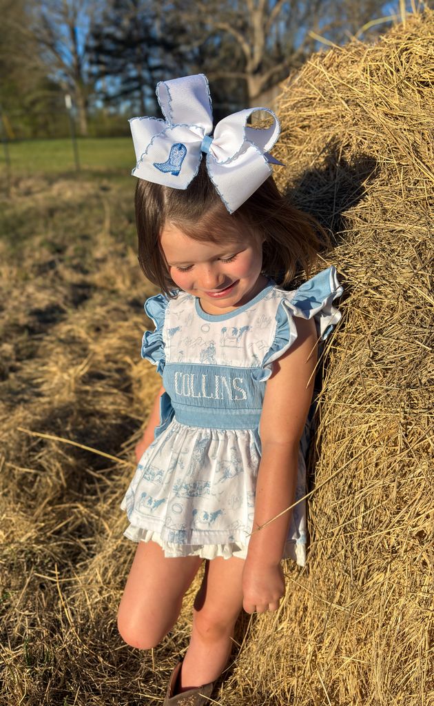 King Grosgrain Hair Bow with Moonstitch Edge and Blue Cowgirl Boot Embroidery