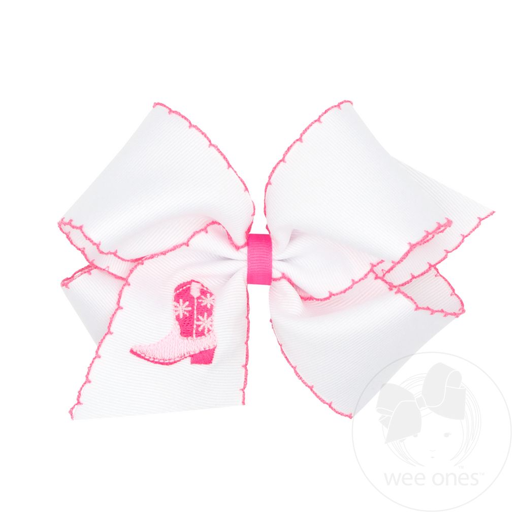 King Grosgrain Hair Bow with Moonstitch Edge and Hot Pink Cowgirl Boot Embroidery - HOT PINK BOOTS