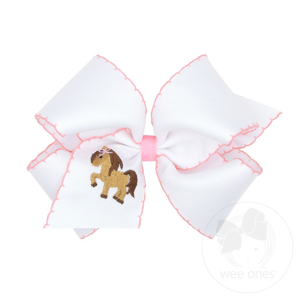 King Grosgrain Hair Bow with Moonstitch Edge and Cowgirl Pony Embroidery - HORSE