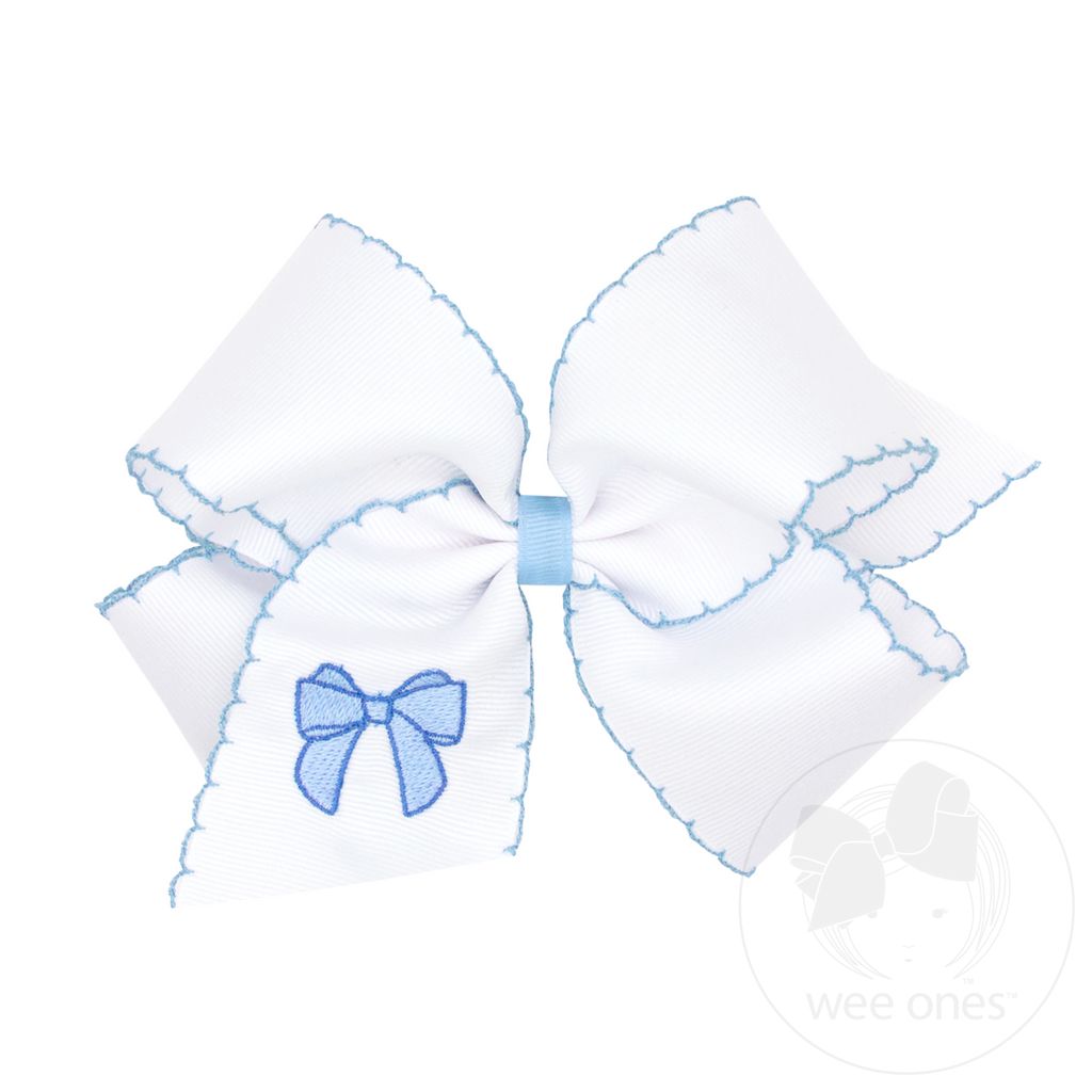 King Grosgrain Hair Bow with Moonstitch Edge and Millenium Blue Bow Embroidery - MILLENNIUM BLUE