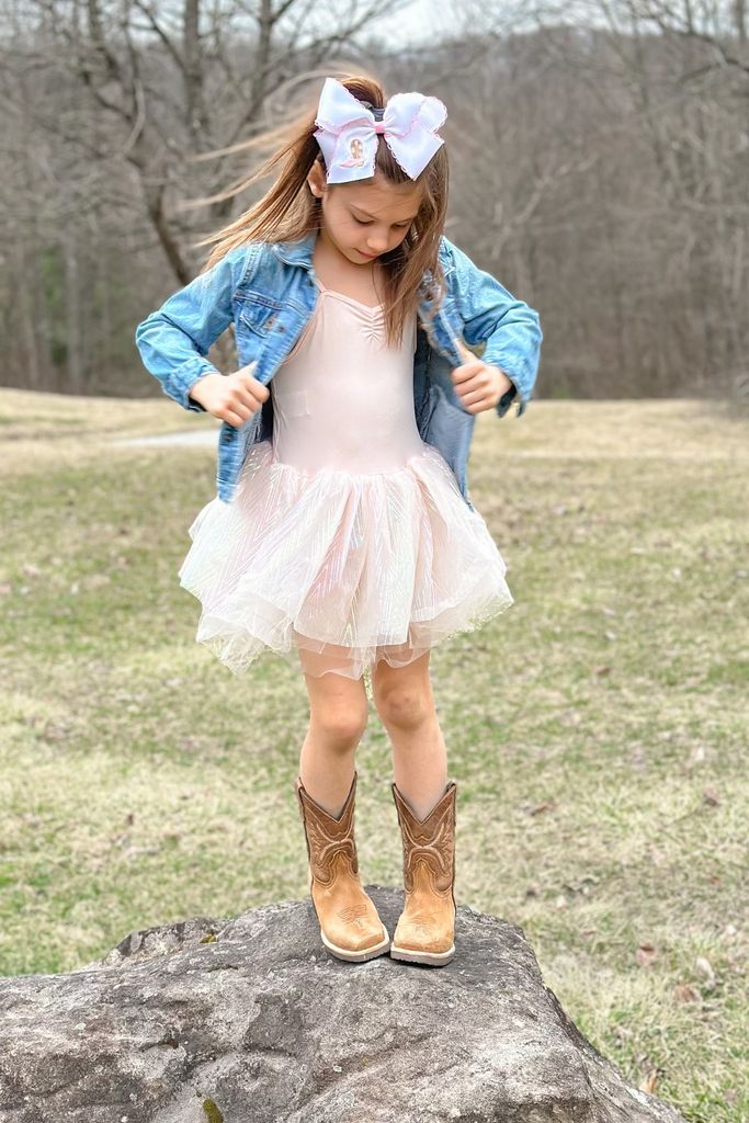 King Grosgrain Hair Bow with Moonstitch Edge and Pink Cowgirl Boot Embroidery