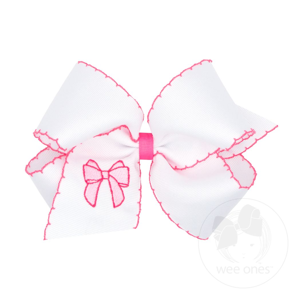 King Grosgrain Hair Bow with Moonstitch Edge and Pearl Pink Bow Embroidery - PEARL