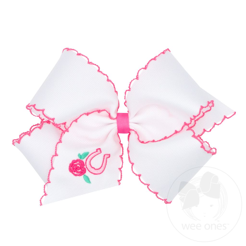 King Grosgrain Hair Bow with Moonstitch Edge and Cowgirl Horseshoe Embroidery - ROSE