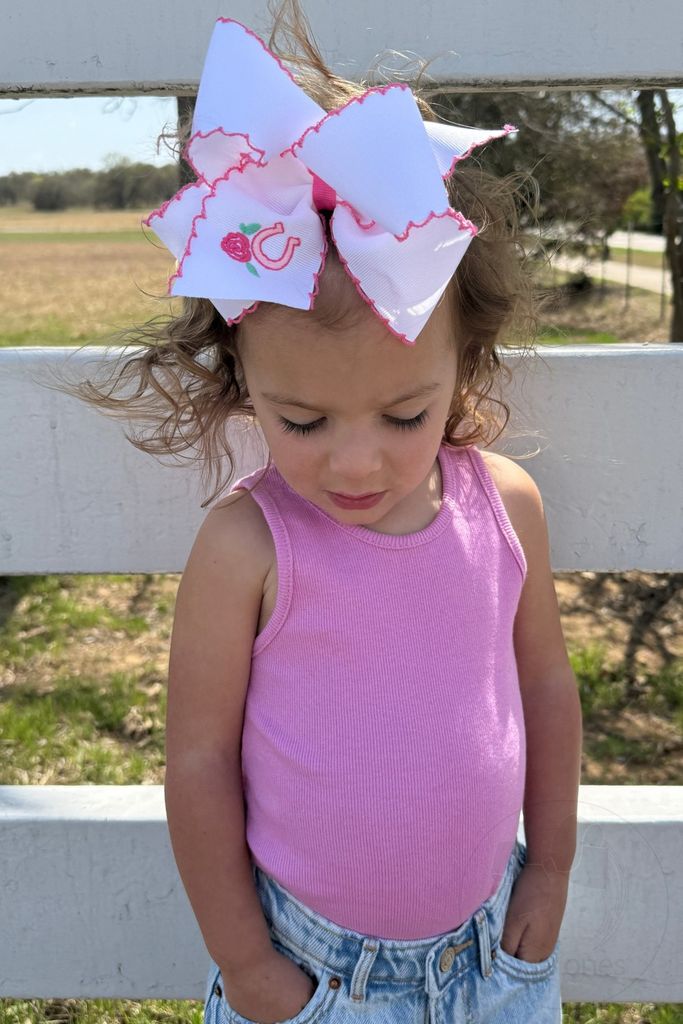 King Grosgrain Hair Bow with Moonstitch Edge and Cowgirl Horseshoe Embroidery